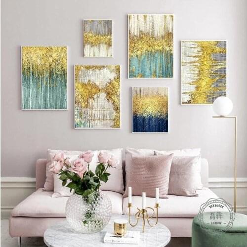 Abstract Luxury Golden Dots Canvas Painting Blue Green Glitter Poster and Print Modern Pictures for Living Room Wall Art Decor