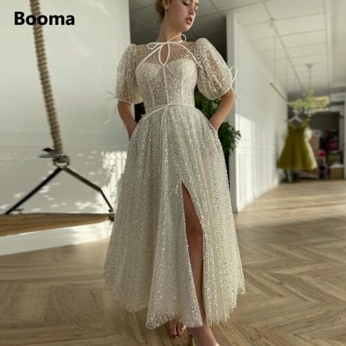 Booma Glitter Tulle Keyhole Midi Prom Dresses Half Sleeves Sheer Neckline Front Slit Ankle-Length A-Line Wedding Party Dresses
