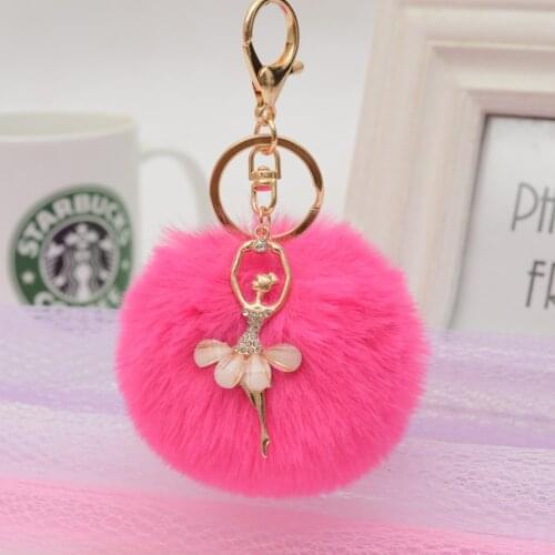 Faux Fox Fur Pom Pom Ball Keychain with Ballet Dancer Charm Fluffy Ball Key Chain Luxury Keychains Accessories KC118