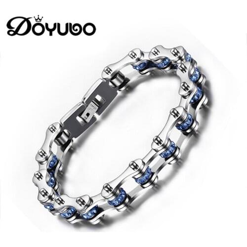 DOYUBO Classical Mens 316L Stainless Steel Bicycle Chains Bracelets With Blue Rhinestone Punk Style Male Bangles Jewelry DD008