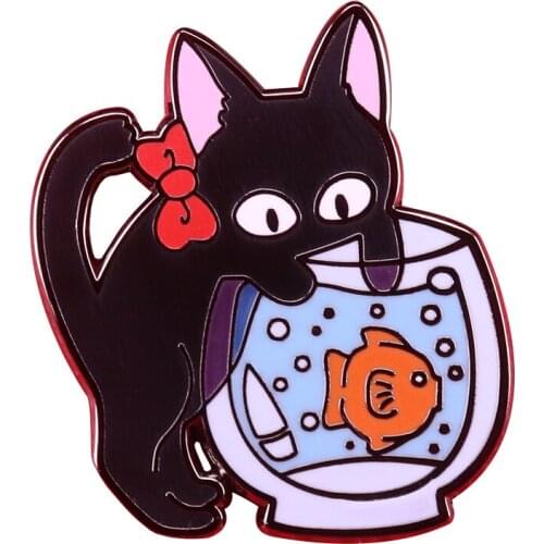 Black Cat Bow Fishbowl Watching Fish Swimming Enamel Brooch