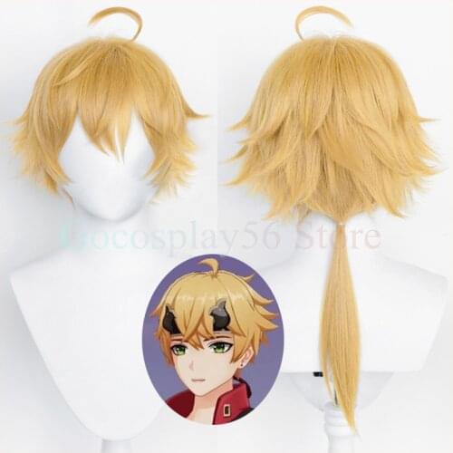 Genshin Impact Cosplay Tohma Wig Ponytail Short Blond Beige Gold Heat Resistant Hair Halloween Role Play