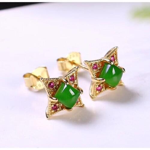 Jadery 925 Sterling Silver Stud Earrings 18k Gold Plated Natural Jasper Jade Emerald Earrings For Women Luxury Wedding Jewelry