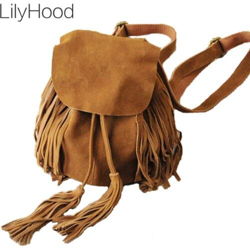 LilyHood Women Small Genuine Leather Suede Feminine Backpack Bohemian Boho Chic Ibiza Mini Bucket Fringe Brown Rucksuck Bags