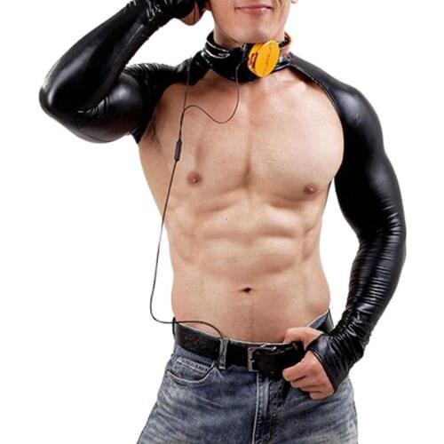 Mens Cool Collar O-Neck Long Gloves Sexy Tight 220D Latex Faux Leather Nylon Catsuit Sleeve Men DJ Club Gay Wear