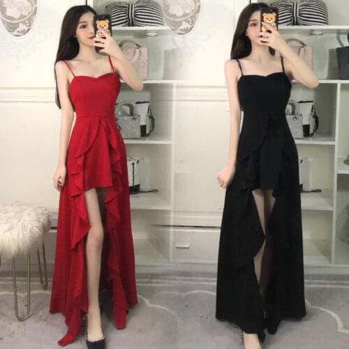 New Summer Pure Color Black Red Wedding Evening Party Dress Sexy Slash Neck Suspender Dress Irregular Side Split Maxi Long Dress