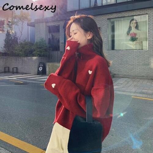 2020 Autumn Winter Long Sleeve Fashion Solid Casual Female Sweaters Korean Heart Embroidered Turtleneck Sweaters Pullovers Tops