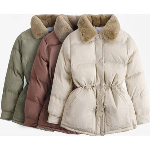 Gowyimmes Autumn Winter Women Thickened Cotton Coat Drawstring Coats Long Sleeve Jacket Female Warm Fur Collar Parka Outwear 670