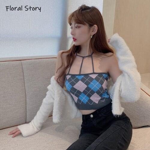 Check Wove Halter Crop Top Free Shipping FLORAL STORY Knit Street Style Cute Bandage Halter Tops Y2K Sleeveless Chic Tube Tops