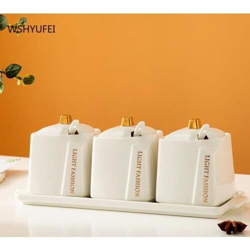 Nordic Light Luxury Square Ceramic Sealed Storage Jar With Lid Spice Jar Dried Fruit Snack Container Bottle Combo Set