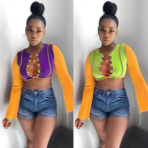 Sexy Long Sleeve Tie Front Crop Top Woman Y2k T Shirt Patchwork Bandage Club Wear Spring Summer Hollow Out Ladies Tops 2021