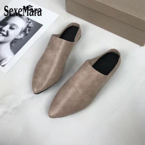 SexeMara fashion Luxury design Pointed Toe Womens Slippers Sandals genuine leather Flip Flops Female Pure color Flat shoes