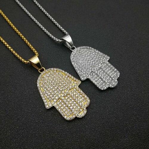 Hip Hop Full Zircon Pave Bling Iced Out Fatima Hand Pendants Necklace Mens Gold Color 316L Stainless Steel Chain Jewerly