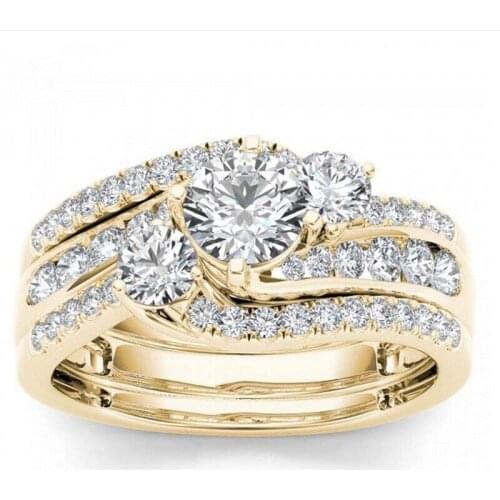 Vintage Fashion Jewelry 925 Sterling Silver&Gold Fill Three Stone Round Cut White Clear AAAAA Cubic Zircon Wedding Ring Gift