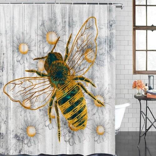 Bee Daisy Wood Grain Waterproof Polyester Fabric Shower Curtain Home Decoration Bathroom Shower Curtain with hook