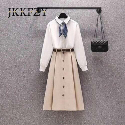 Spring Fashion Woman Office Skirt Suit Long-sleeved Bowknot Shirt &Blouse + Single-breasted Belt Black Skirt Elegant 2-piece Set