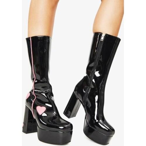Lady Shoes 2021 New Fashion Patent Leather Thick High Heels Platform Black Autumn Winter Warm Knee High Boots For Women Size 41