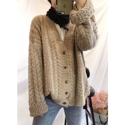 Female new spring and autumn plus size outerwear literary retro V-neck buckle casual wild solid color knitted loose cardigan