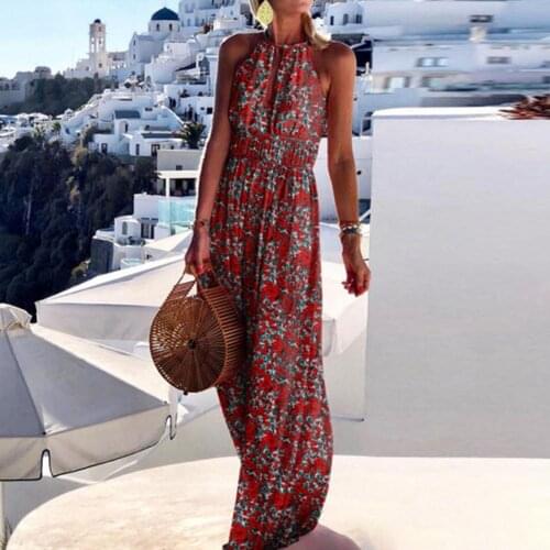 Fashion Boho Floral Print Long Party Dress Women Elegant Halter Sleeveless Maxi Dress 2021 Summer Backless Hollow Out Dresses