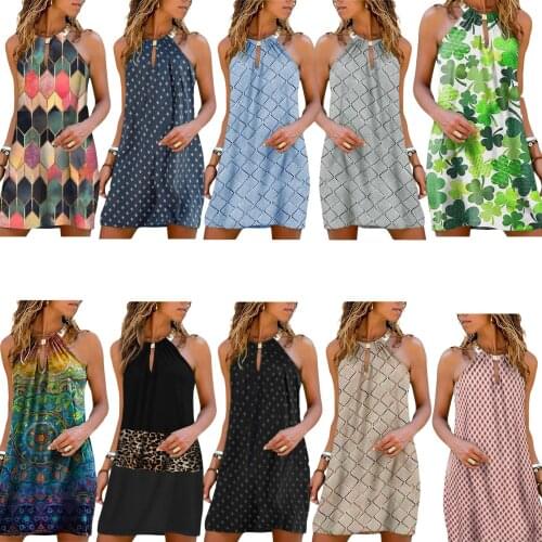 Women Summer Printed Dress, Adults Loose Sleeveless Hollow Out Halter Dress with Metal Ring Female Clothing