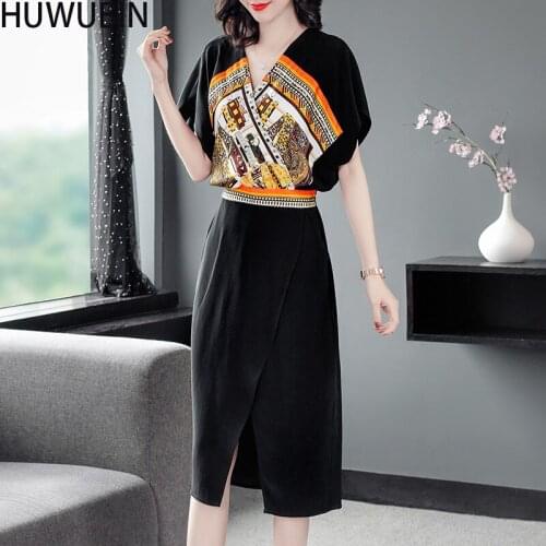 2021 New Summer Korean Womens Chic Sexy V-Neck Short Sleeve Split Skirt Loose And Bright Fashion Waist Stitching Printed Dress