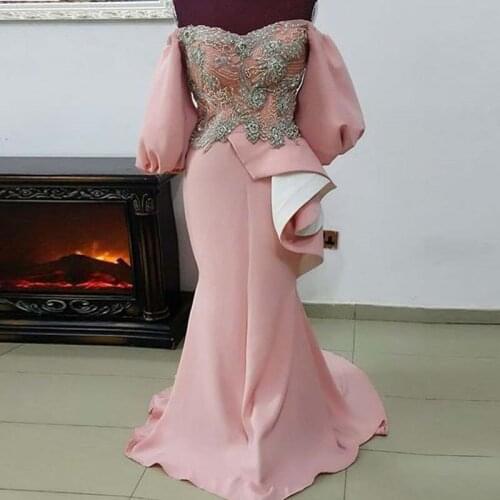 2021 Pink Mermaid Evening Dresses Puffy Full Sleeves Sparkle Crystal Off Shoulder Prom Gowns Ruffles Plus Size Vestidos De Festa