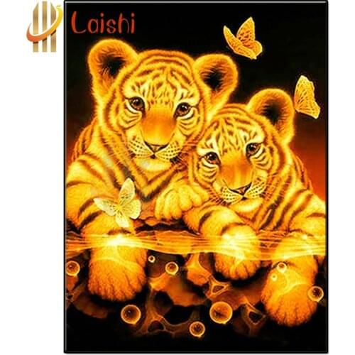 Diamond embroidery Golden tiger and butterfly, parent-child 5D DIY full square round drill rhinestone pictures wall decoration