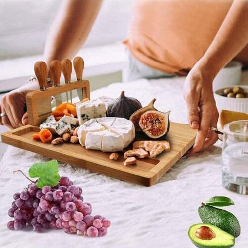 Bamboo Cheese Board Cutlery Knif Set Cutting Board Cooking with Cheese Knives Steel Scoop Tools Slicer Cut Fork R0R1