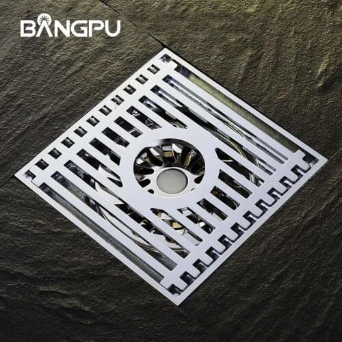 BANGPU 4 inch Square Floor Drain Solid Brass Bathroom Floor Drain Deodorization Type shower drain Shower Floor Drain Chrome