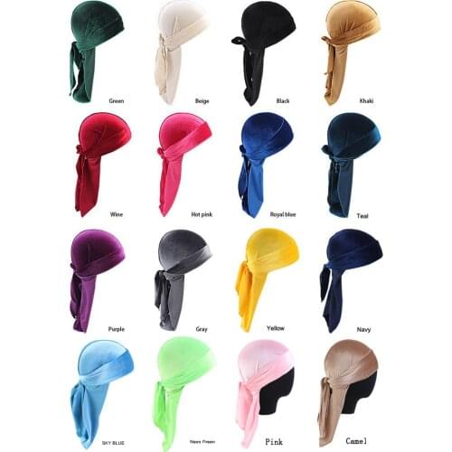 Velvet Durags for Men Long Tail Pirate Hat Hip Hop Headwrap Unisex Biker Bandanas Hair Accessories High Quality Doo Rag black