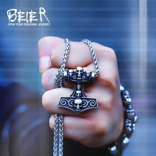 BEIER Norse Raven Viking Skull pendant Necklace Crow Runes Thor Hammer Mjolnir Talisman Vintage Eagle Men Chain omen BP8-390