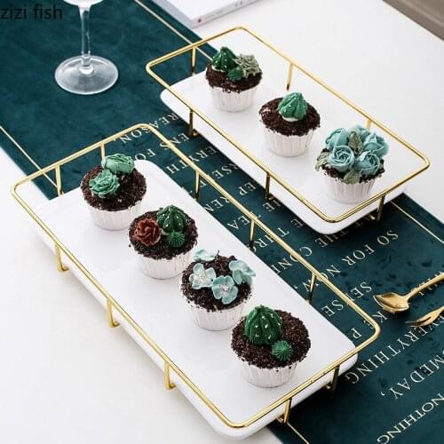White Ceramic Dessert Tray Coffee Table Food Organizer Serving Trays Cupcake Display Plates Golden Metal Handle Storage Shelves