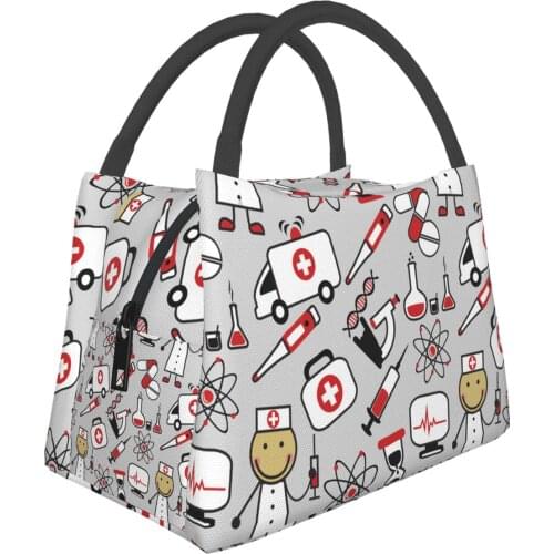 NOISYDESIGNS Travel Insulated Lunch Bags Women Cartoon Nurse Print Oxford Cloth Food Case School Cooler Warm Large Box for Kids