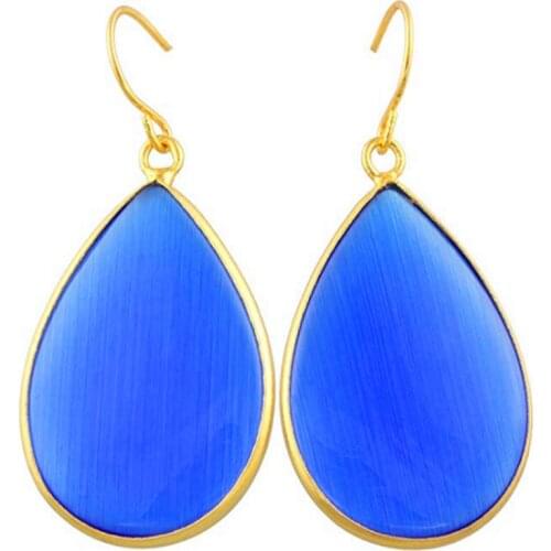 FYJS Unique Light Yellow Gold Color Water Drop Blue Cat Eye Stone Earrings for Christmas Gift