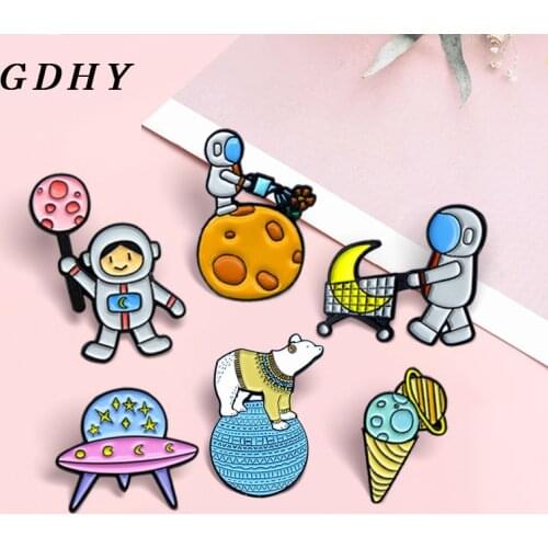 GDHY Cartoon Astronaut Enamel Pins Blue planet Polar bear Universe Space Brooches Cosmos Series UFO Fun Jewelry Gift for Kids