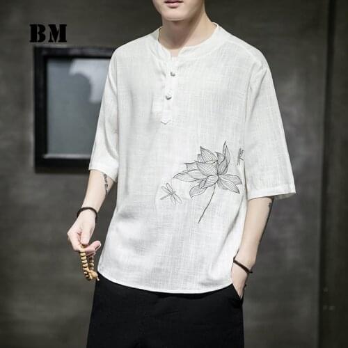 Chinese Style Summer Lotus Embroidery Linen T-Shirt MenS Clothing Loose Plus Size Short Sleeve Retro Half-Sleeved Tops Male