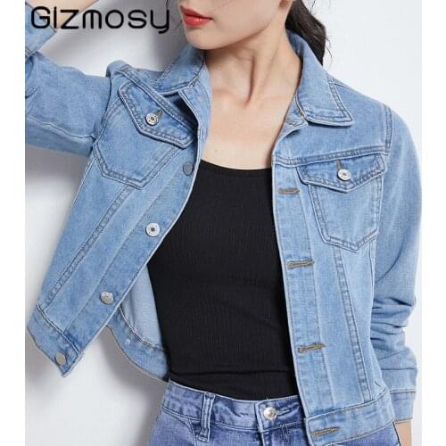 Gizmosy Denim Jackets Women Basic Coats 2020 Spring Autumn New Fashion Female Long Sleeve Solid Wild Casual Outerwear Denim Coat