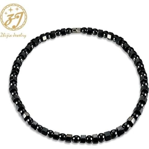 Zhijia Fashion Hot Choker Necklace Natural Stone Black beads Chain Pendant Magnet choker necklace for women /Men Jewelry