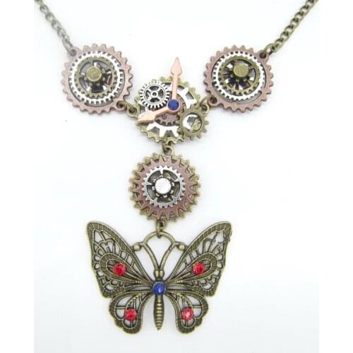 Fancy Design Multi Gears with Colored Rhinestone Butterfly Pendant Steampunk Fashion Necklace Accessory