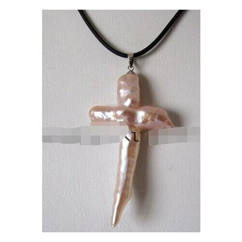 Jewelr 225 17.5" Peach Pink Cross Pendant Freshwater Pearl Necklace Black Rope