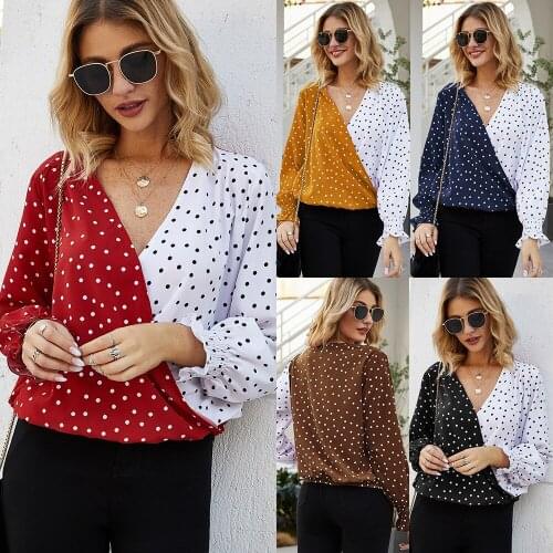 Spring 2020 Womens Tops Polka Dot Patchwork Long Sleeveless Solid Shirt Women Blusas Roupa Feminina Shirt