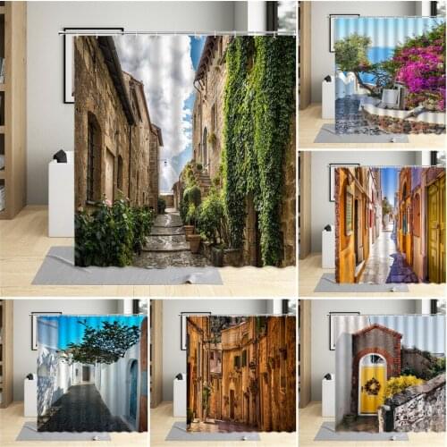Vintage Street Scenery Waterproof Shower Curtain Nature Plant For Bathroom Polyester Bath Fabric Home Curtains Set With Hooks