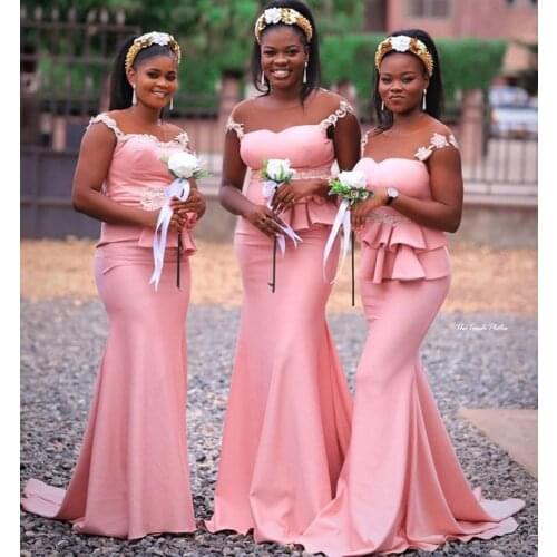 YiMinpwp Pink Mermaid Bridesmaid Dresses Sheer Neck Sweep Train Peplum Appliques Plus Size Wedding Guest Evening Gown Custom