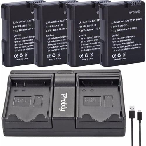 PROBTY 4pcs EN-EL14 EN EL14 Camera Battery + USB Dual Charger For Nikon DF D90 D300 D5300 D5200 D5100 D3300 D3200 D3100 P7800