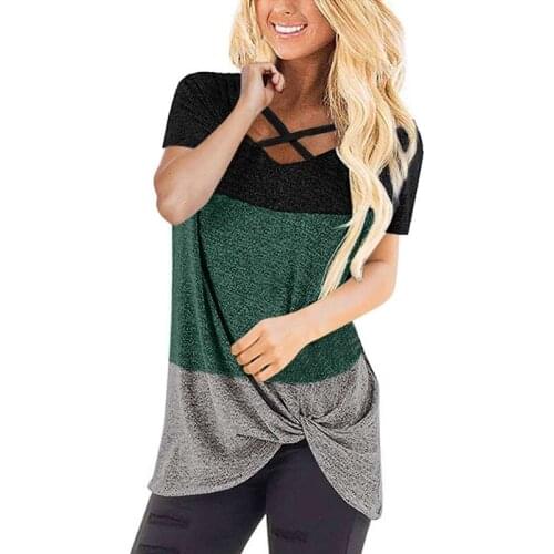 Womens Summer Stitching V-Neck Cross Loose Knot Short-Sleeved T-Shirt Top