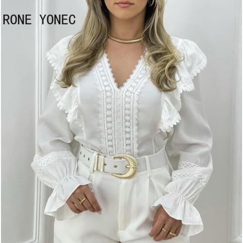 Women Solid Casual Elegant V neck Lace Lattern Sleeves Ruffle Hem Blouse Top