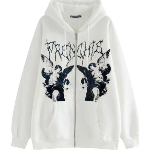 Women Plus Size Hooded Sweatshirt Angel Statuary Letters Printed Loose Long Sleeve Zip-up Pullover with Pockets Holloween Grunge