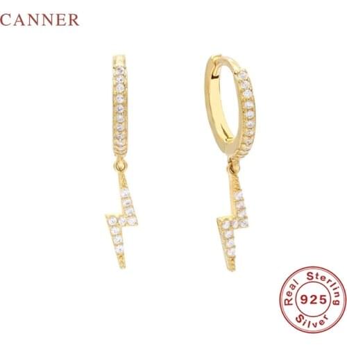 CANNER Real 925 Sterling Silver Earrings For Women INS Geometric Lightning Earrings Hoops Zircon Korean Gold Jewelry Pendientes