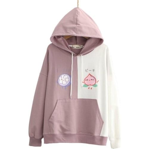 Women Hooded Sweatshirts Harakuju Cartoon Print Patchwork Hoodies 2020 Autumn Long Sleeve Pocket Cute Pullover Sweet Style Tops