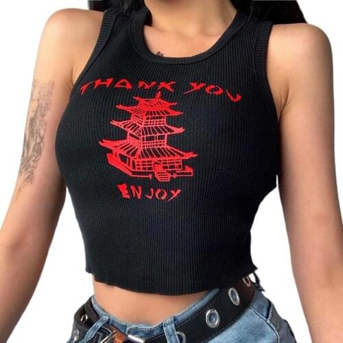 Women Yellow Crane Tower Printed T-Shirt Ribbed Knitted Sexy Bodycon Crop Top Short Sleeve Sleeveless O-Neck Slim Vest